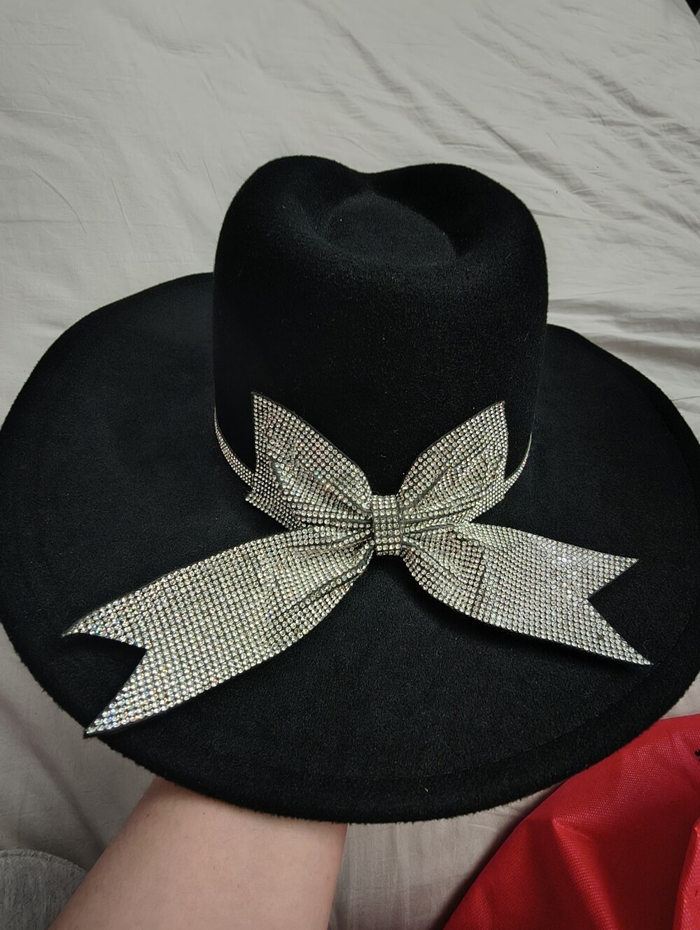Black Wide-Brim Women's Hat with Rhinestone Bow Accent